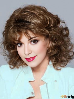 No-Fuss Brown Shoulder Length Curly With Bangs Lace Front Wigs