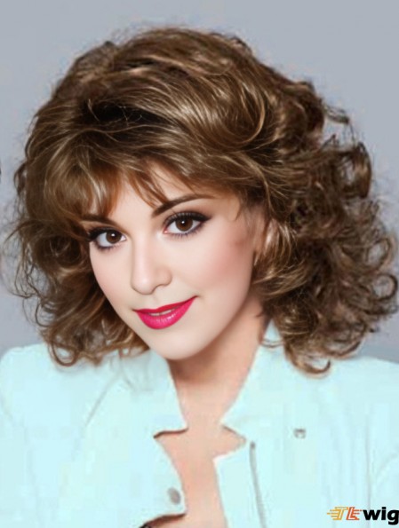 No-Fuss Brown Shoulder Length Curly With Bangs Lace Front Wigs