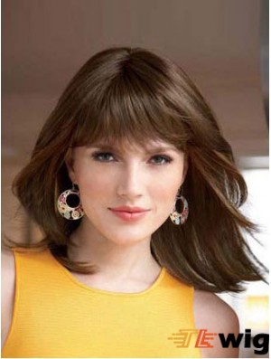 Straight With Bangs Shoulder Length Auburn Style Lace Front Wigs