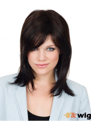Brown Shoulder Length Straight With Bangs 12 inch Popular Medium Wigs