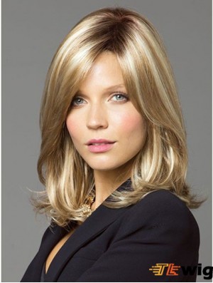 Wavy With Bangs Shoulder Length Blonde Online Lace Front Wigs