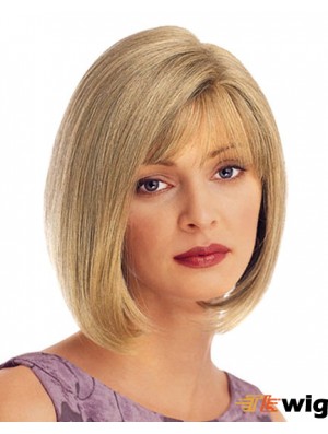 Chin Length Straight Blonde With Bangs UK Cheap Monofilament Wigs