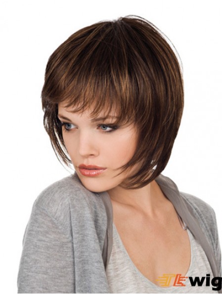 Brown Chin Length Straight With Bangs 10 inch Natural Medium Wigs