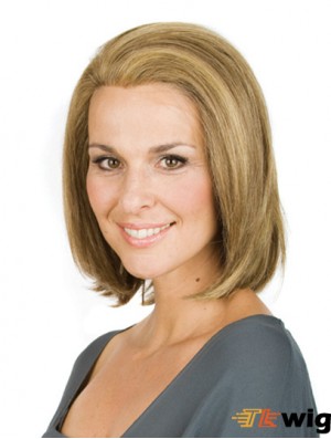 Chin Length Blonde Without Bangs Straight No-Fuss Full Lace Wigs