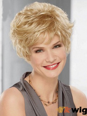 Cheap Synthetic Blonde Color Layered Cut Wavy Style
