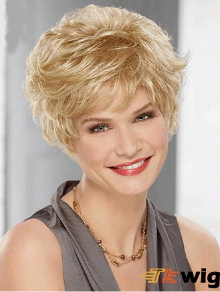 Cheap Synthetic Blonde Color Layered Cut Wavy Style
