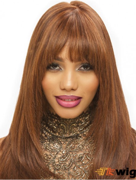 Synthetic Brown Straight With Bangs Monofilament Hand Tied Wigs