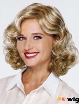 Blonde Shoulder Length Curly Without Bangs 13 inch Fashionable Medium Wigs