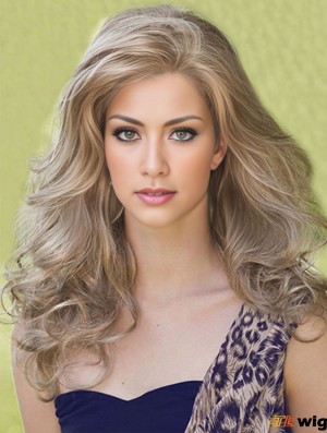 Designed Blonde Long Without Bangs Wavy Glueless Lace Front Wigs