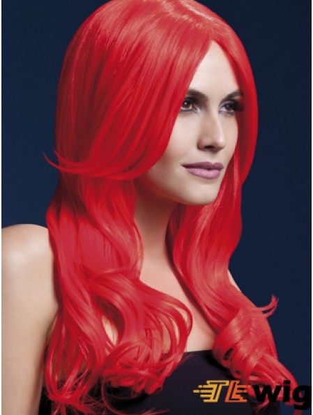 Synthetic Long Hair Wigs Red Color Wavy Style With Capless