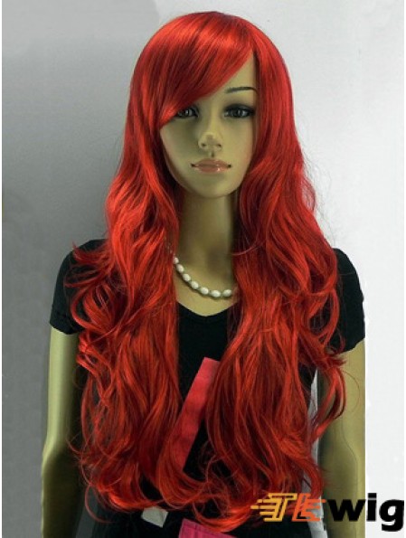 24 inch Wavy With Bangs Capless Red Affordable Long Wigs
