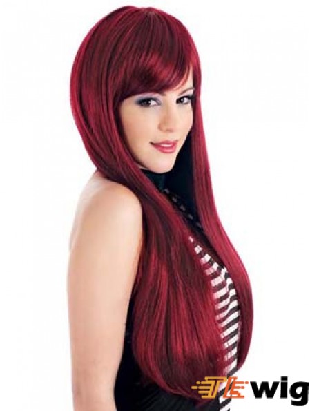 Straight With Bangs Lace Front Ideal 24 inch Red Long Wigs