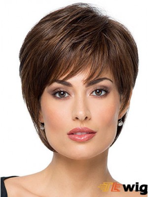 Suitable 8 inch Straight Brown With Bangs Short Wigs