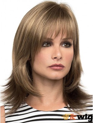 With Bangs Brown Wavy Shoulder Length 14 inch Sassy Medium Wigs