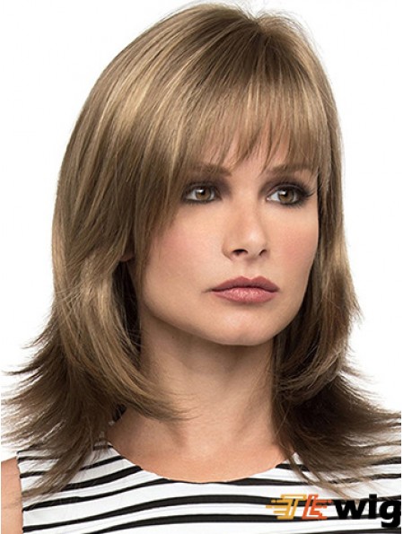 With Bangs Brown Wavy Shoulder Length 14 inch Sassy Medium Wigs