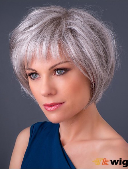 Monofilament 10 inch Chin Length Synthetic Straight Grey Hair Wigs