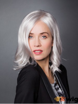 Monofilament 12 inch Shoulder Length Synthetic Wavy Ladies Grey Wigs