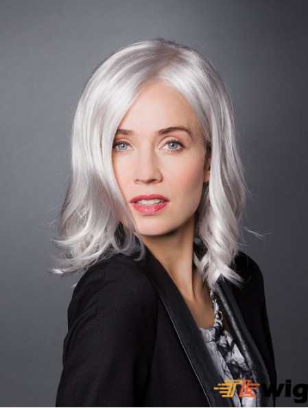 Monofilament 12 inch Shoulder Length Synthetic Wavy Ladies Grey Wigs