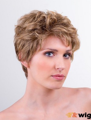 Synthetic Monofilament 6 inch Boycuts Wavy Blonde Short Wigs For Women