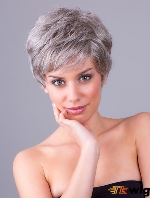Synthetic Monofilament 8 inch Layered Wavy Grey Wigs Short