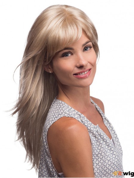 Long Blonde Wig With Bangs Monofilament Synthetic Straight Style
