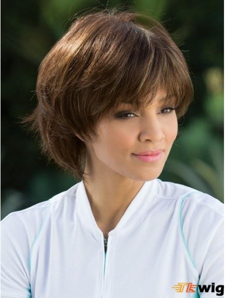 Straight Brown With Bangs 8 inch Mono Top Wigs