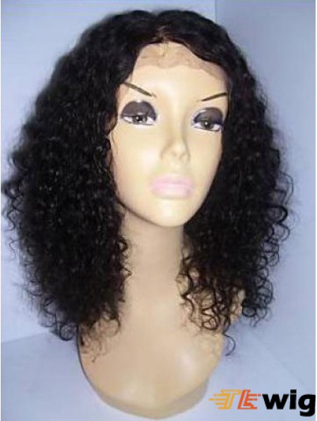 Curly Human Hair With Lace Front Black Color Shoulder Length