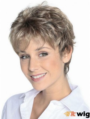 Grey Hair Wigs Short Brown Color Cropped Length Wavy Style