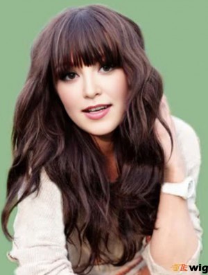 Real Hair  Wigs Long Length Brown Color With Bangs Monofilament