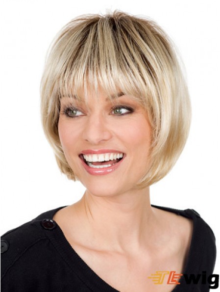 Blonde Monofilament Wig With Bangs Straight Style Chin Length
