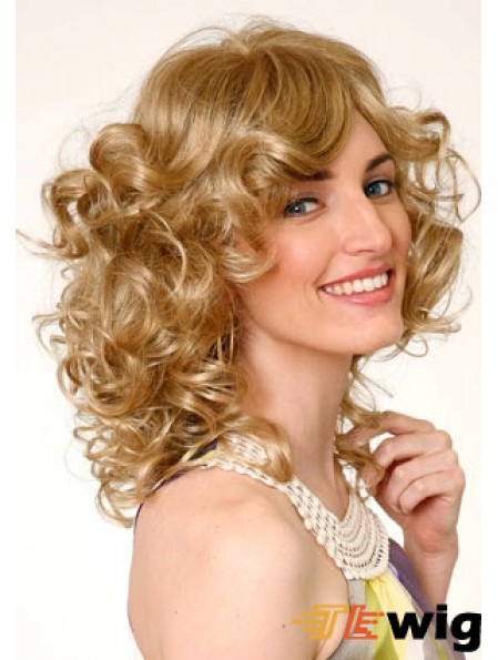 Layered Blonde Curly Shoulder Length 16 inch Durable Medium Wigs