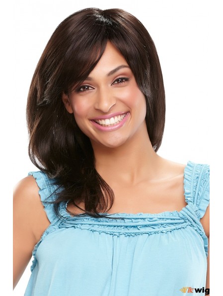 Wavy With Bangs Shoulder Length Black Sleek Lace Front Wigs