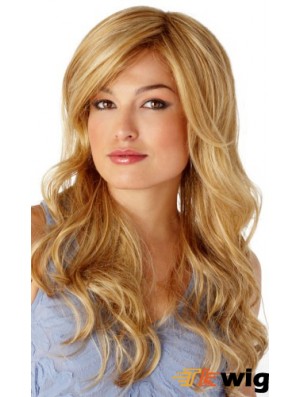 Sleek Blonde Wavy With Bangs Monofilament Long Wigs