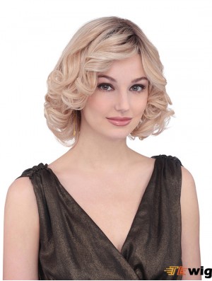 Chin Length Curly With Bangs Fabulous Blonde Lace Front Wigs