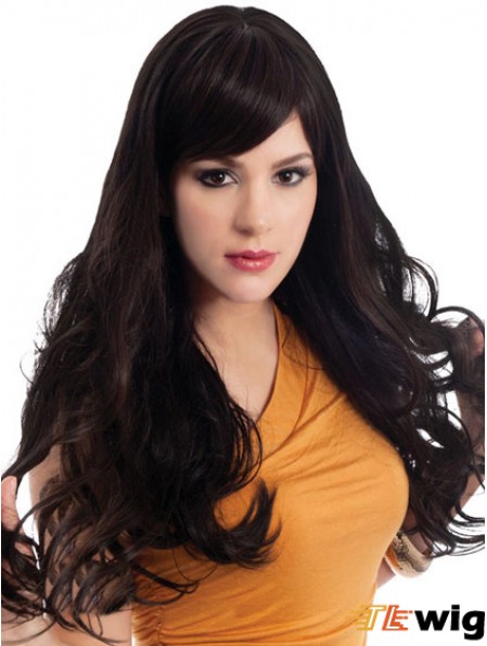 Wavy With Bangs Long Black Sassy Lace Front Wigs