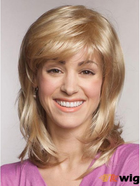 Straight With Bangs Shoulder Length Blonde Popular Lace Front Wigs