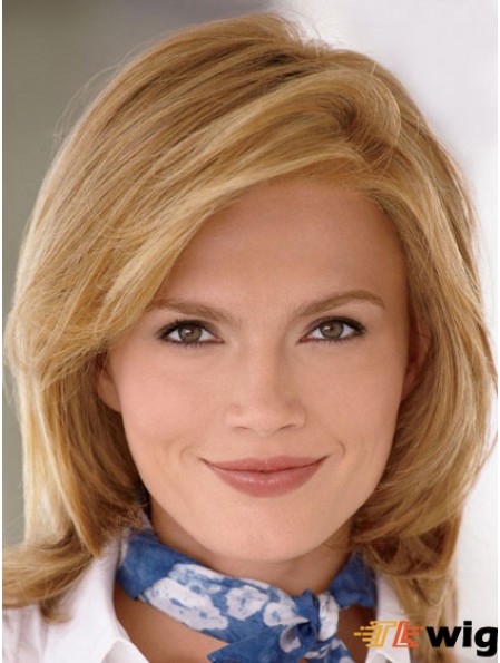 Blonde Straight Shoulder Length With Bangs 100% Hand-tied Cheap UK Wigs