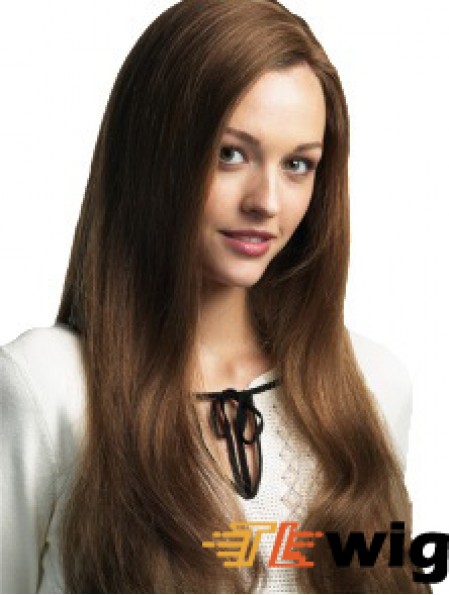 Long Straight Without Bangs Brown Cheap 100% Hand-tied Wigs