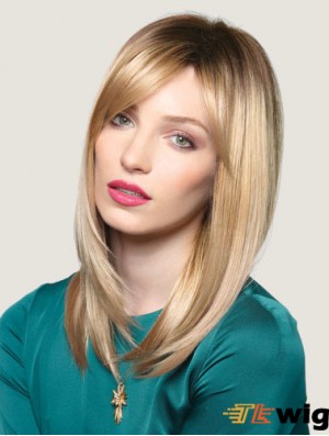Blonde 16 inch Convenient Long Straight With Bangs Lace Wigs