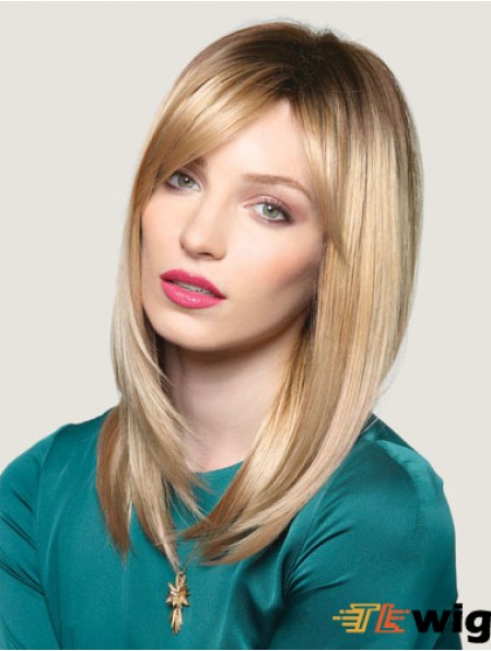 Blonde 16 inch Convenient Long Straight With Bangs Lace Wigs