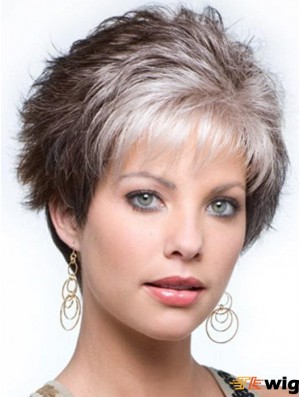Capless Curly Cropped 4 inch Salt And Pepper Grey Wigs