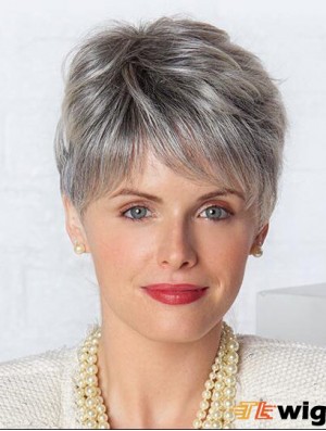 Monofilament Lace Wigs Grey Cut Straight Style Short Length
