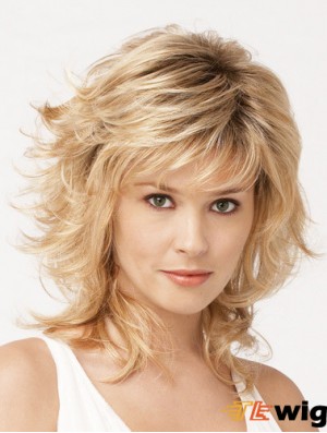 Shoulder Length Layered 13 inch Wavy Blonde Medium Wigs
