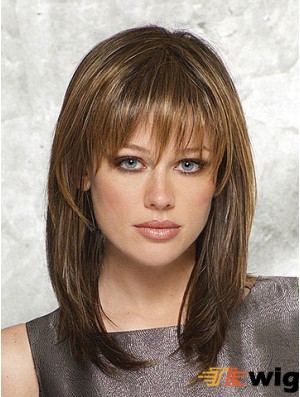 Sassy Straight Brown Shoulder Length With Bangs Medium Wigs