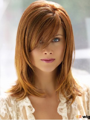Shoulder Length With Bangs 14 inch Straight Auburn Medium Wigs