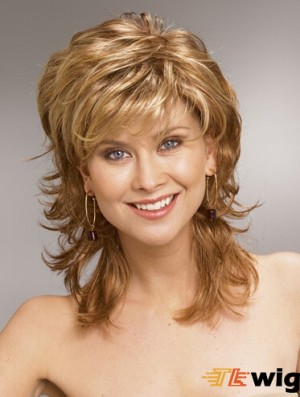 Shoulder Length Layered 13 inch Wavy Blonde Medium Wigs