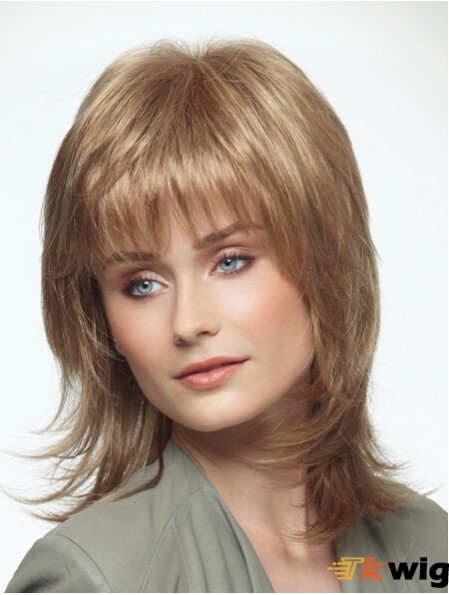 Shoulder Length Layered 14 inch Straight Blonde Medium Wigs