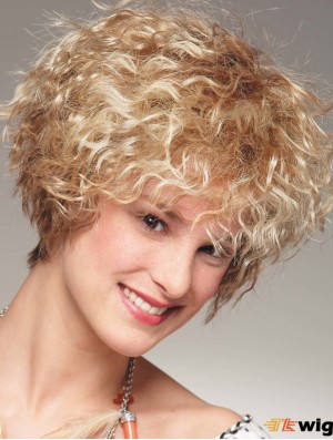 Chin Length With Bangs 8 inch Curly Blonde Medium Wigs