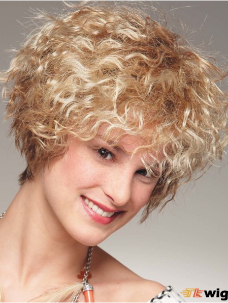 Chin Length With Bangs 8 inch Curly Blonde Medium Wigs