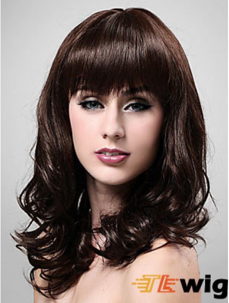 Shoulder Length With Bangs 20 inch Wavy Brown Medium Wigs